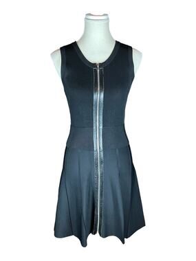 A.L.C. Black Ribbed Knit Leather Trim Zip Front Fit Flare Skater Dress XS